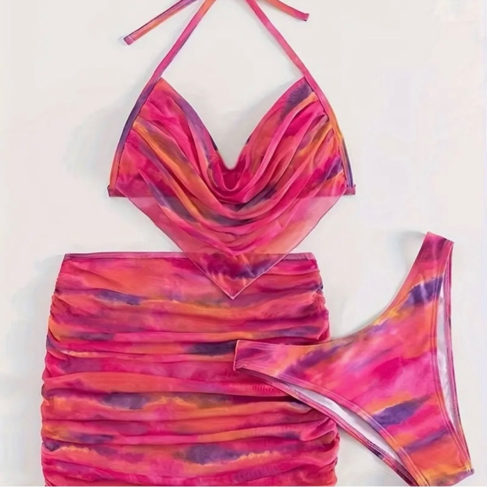 3pc Pink Ombre Halter High Cut Bikini Set With Ruched Cover Up Skirt